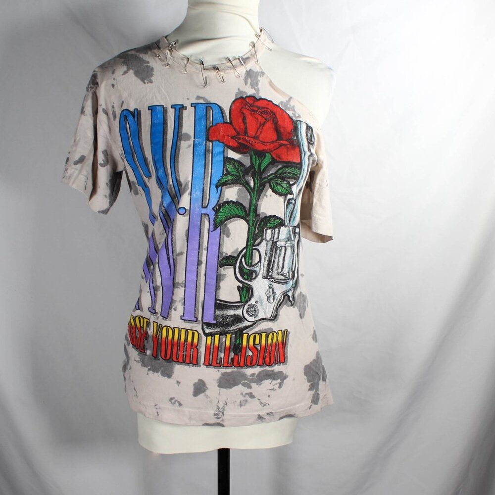 Guns N' Roses Use Your Illusion Upcycled Cold Shoulder Tee Tie-Dye & Safety Pins